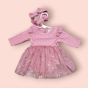 Pink Onesie Gold Polka Dot Tutu Dress with Headband (0-3M) Infant Baby